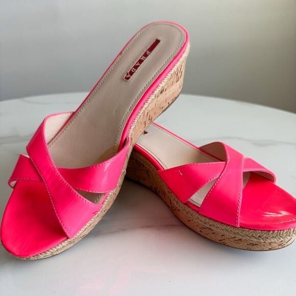 Prada Pink Patent Cork Wedge Sandals Size 39.5 - Picture 12 of 12